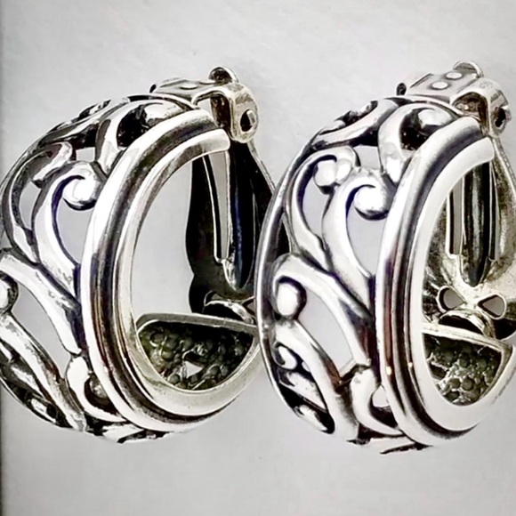 Silpada CLIP-ON Vintage RARE Sterling Silver Filigree Scroll Hoop Earrings - Picture 2 of 10